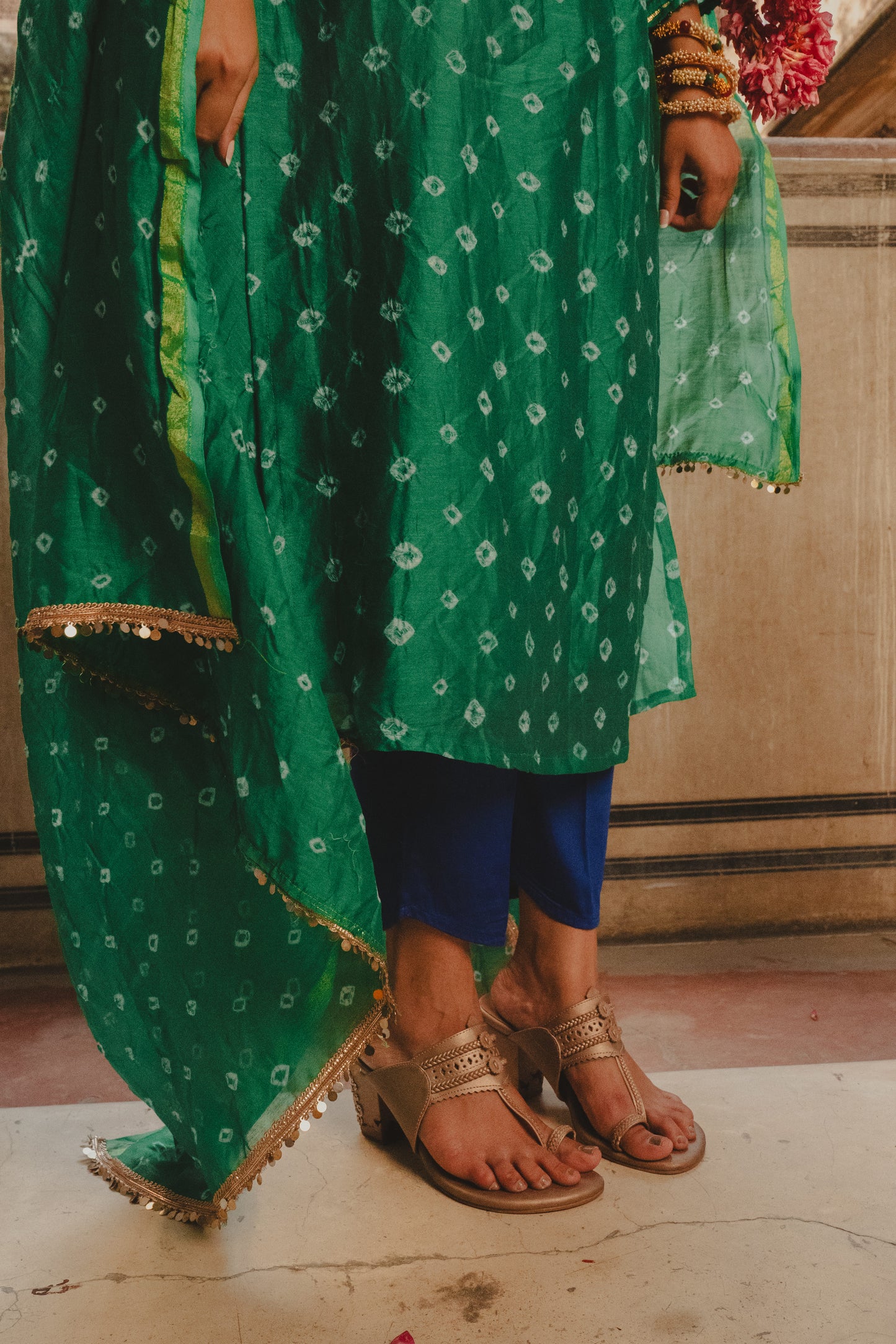 Chanderi bandhej keri green dupatta