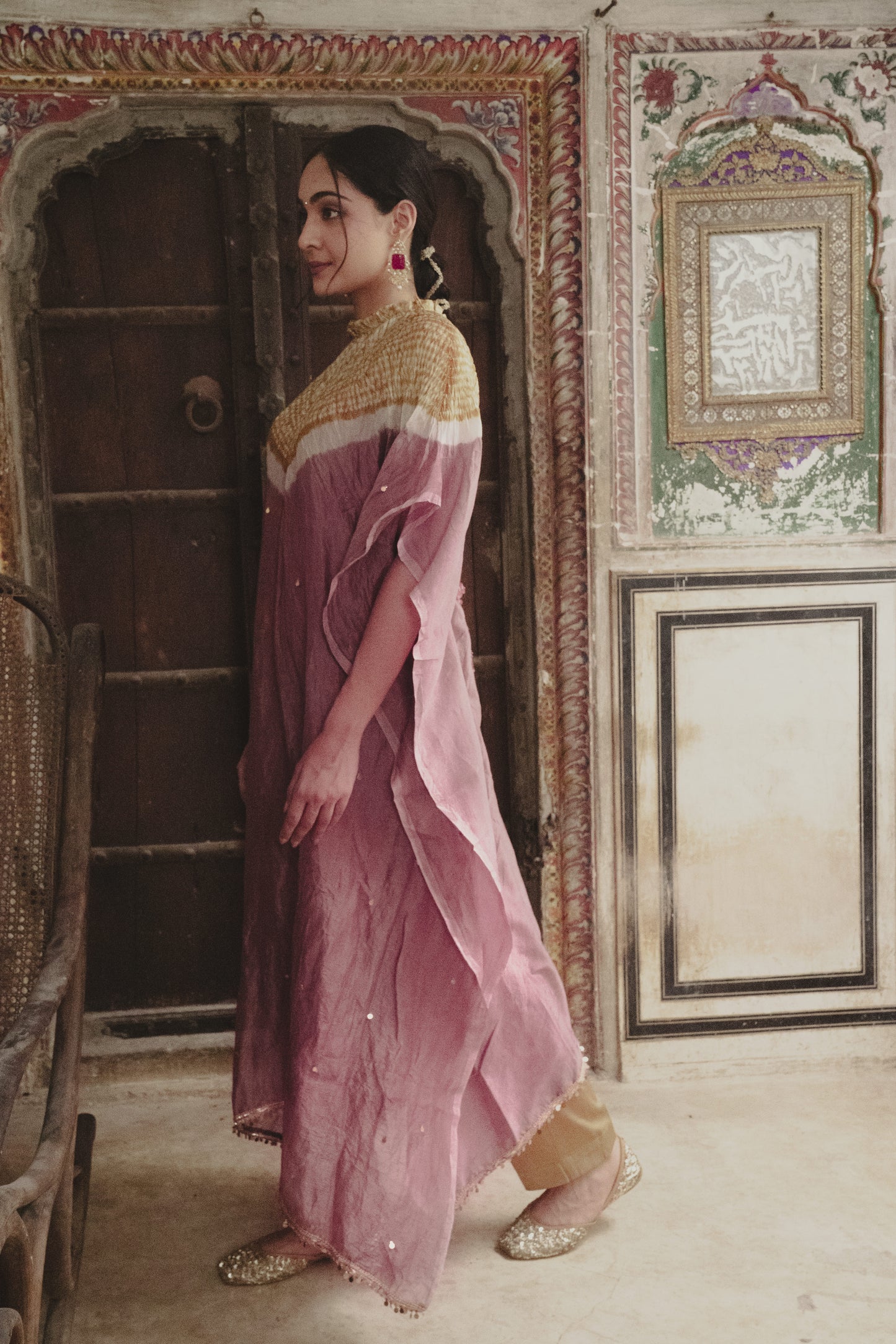 Mauve-YELLOW Chanderi Tissue Kaftan