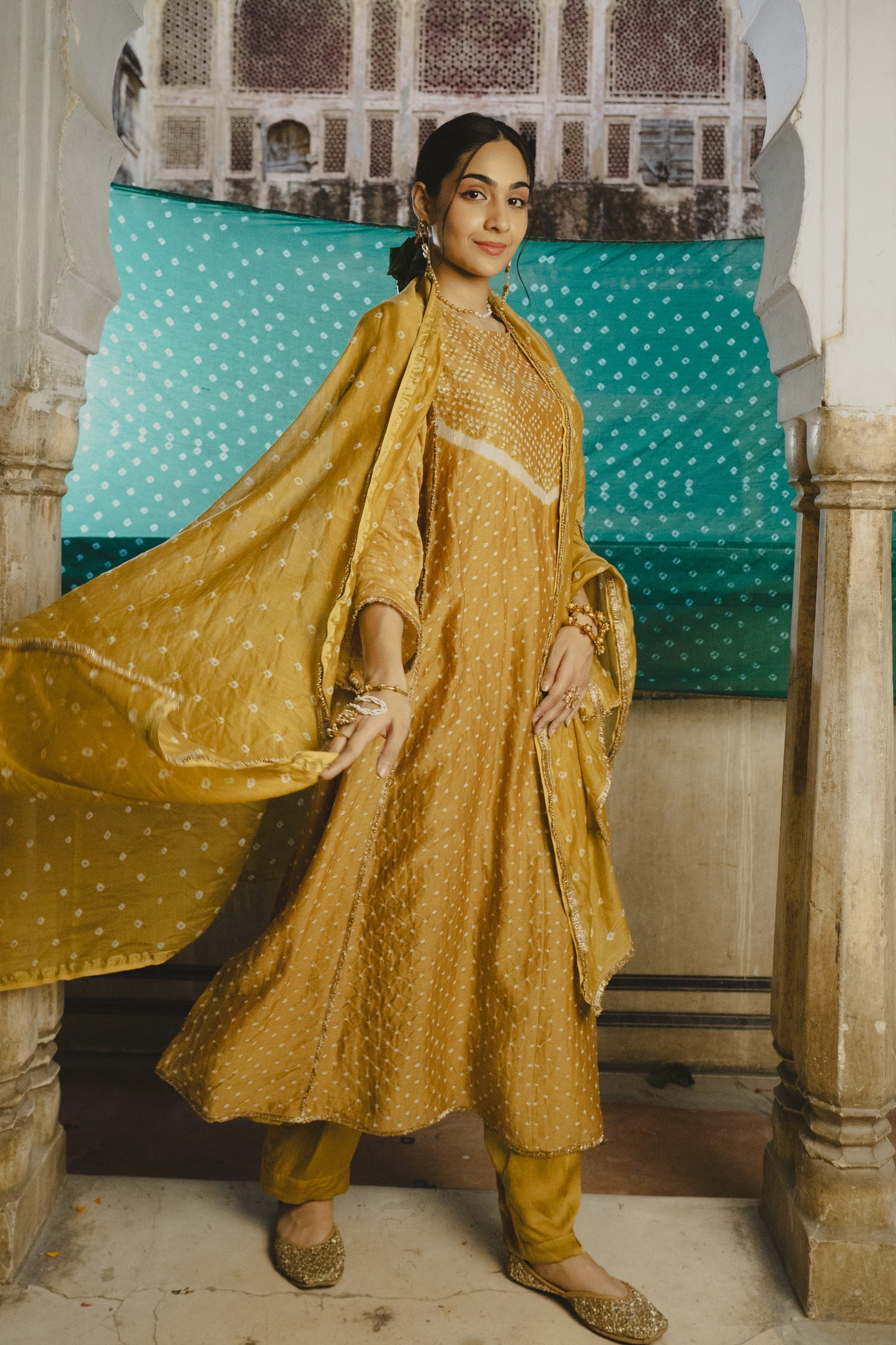 Chanderi bandhej Mustard yellow dupatta