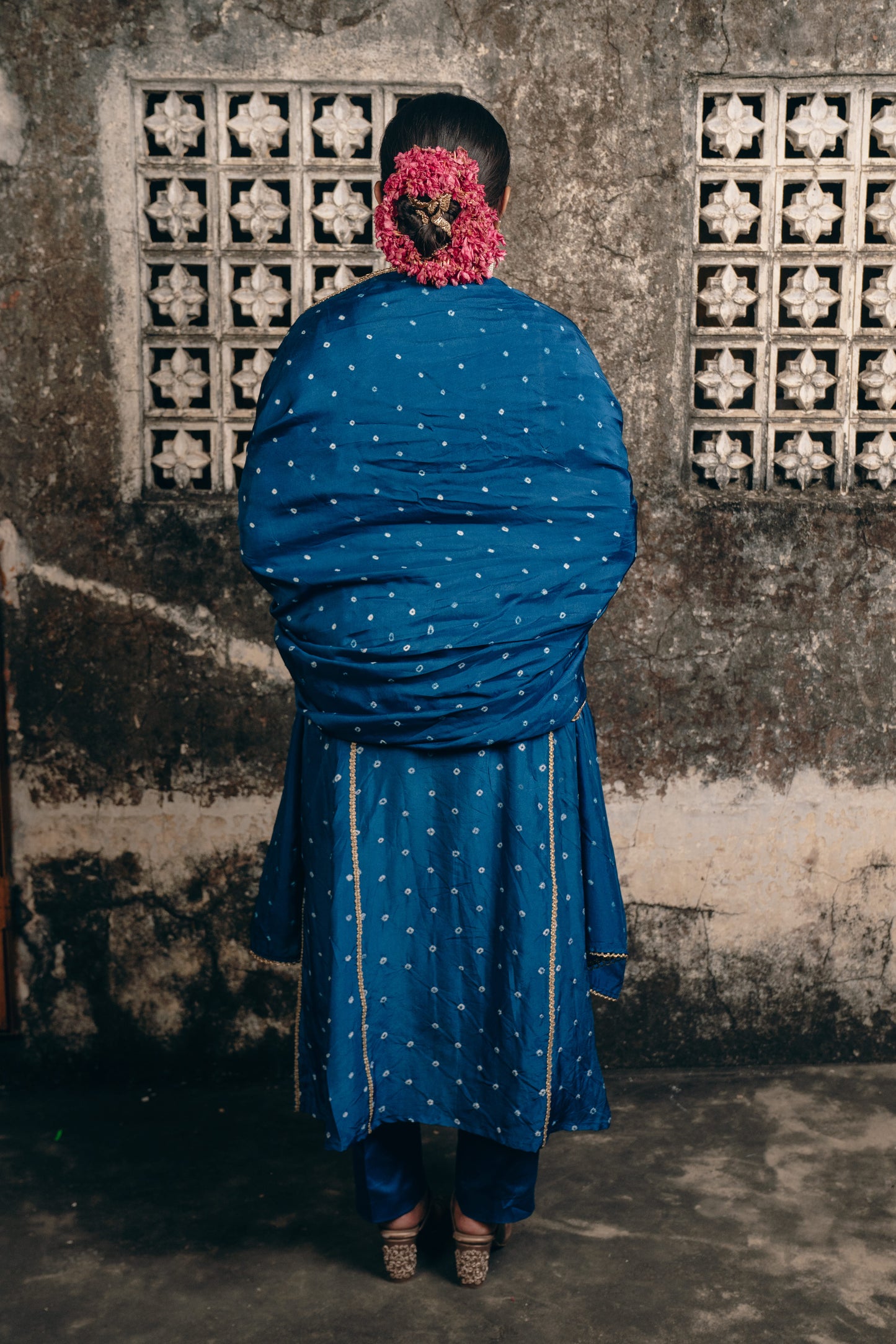 PEACOCK BLUE BANDHEJ KURTA SET IN UPADA SILK