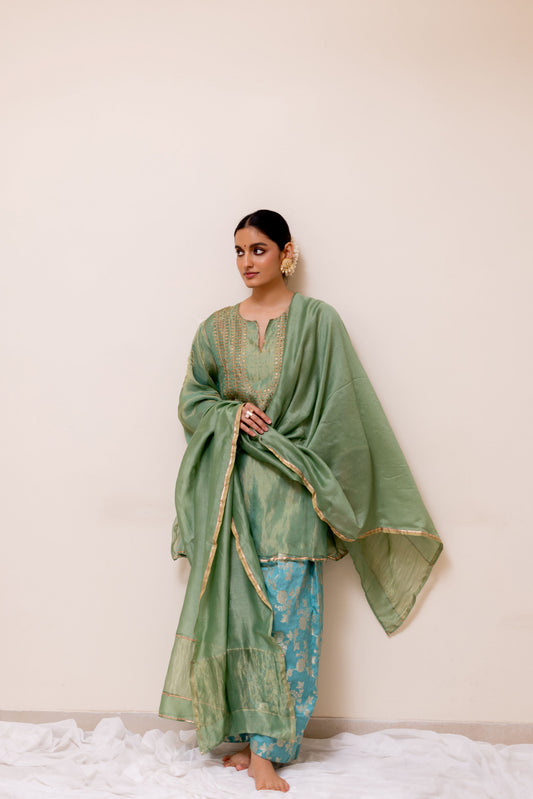 TISSUE GREEN KURTA WITH FIROZI BANARASI SALWAR