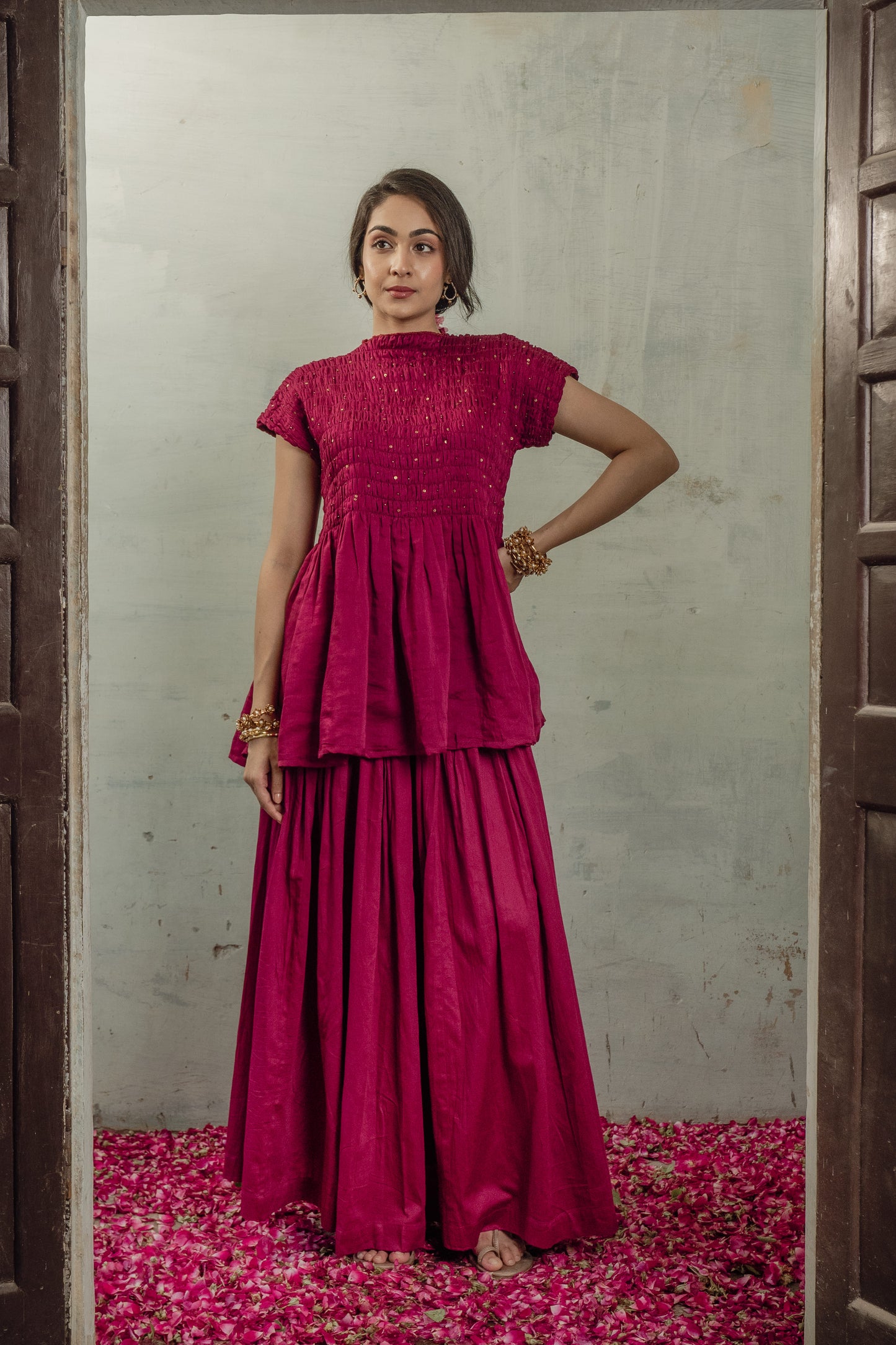 SMOCKED CHANDERI CO-ORD SET IN RANI PINK