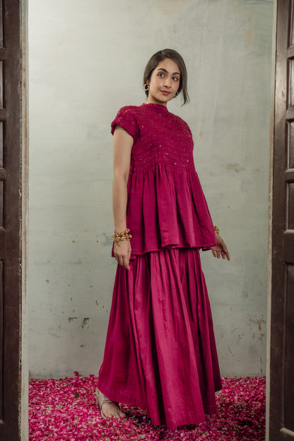 SMOCKED CHANDERI CO-ORD SET IN RANI PINK