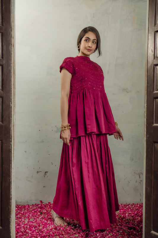 SMOCKED CHANDERI CO-ORD SET IN RANI PINK