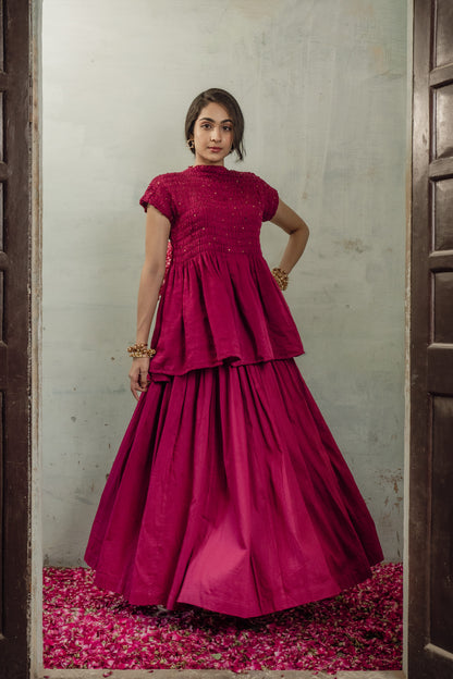 SMOCKED CHANDERI CO-ORD SET IN RANI PINK