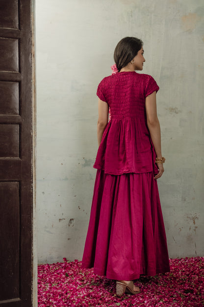 SMOCKED CHANDERI CO-ORD SET IN RANI PINK