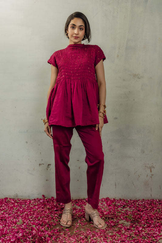 SMOCKED CHANDERI CO-ORD SET IN RANI PINK