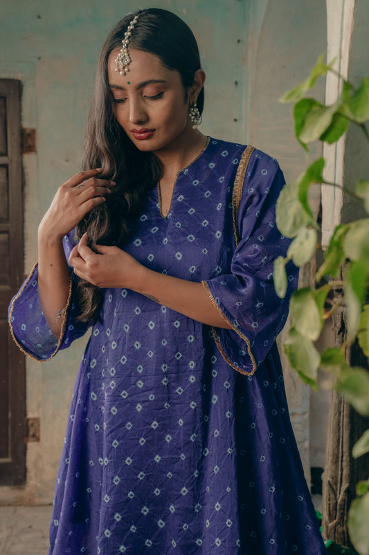 Blue Chanderi Bandhej Set