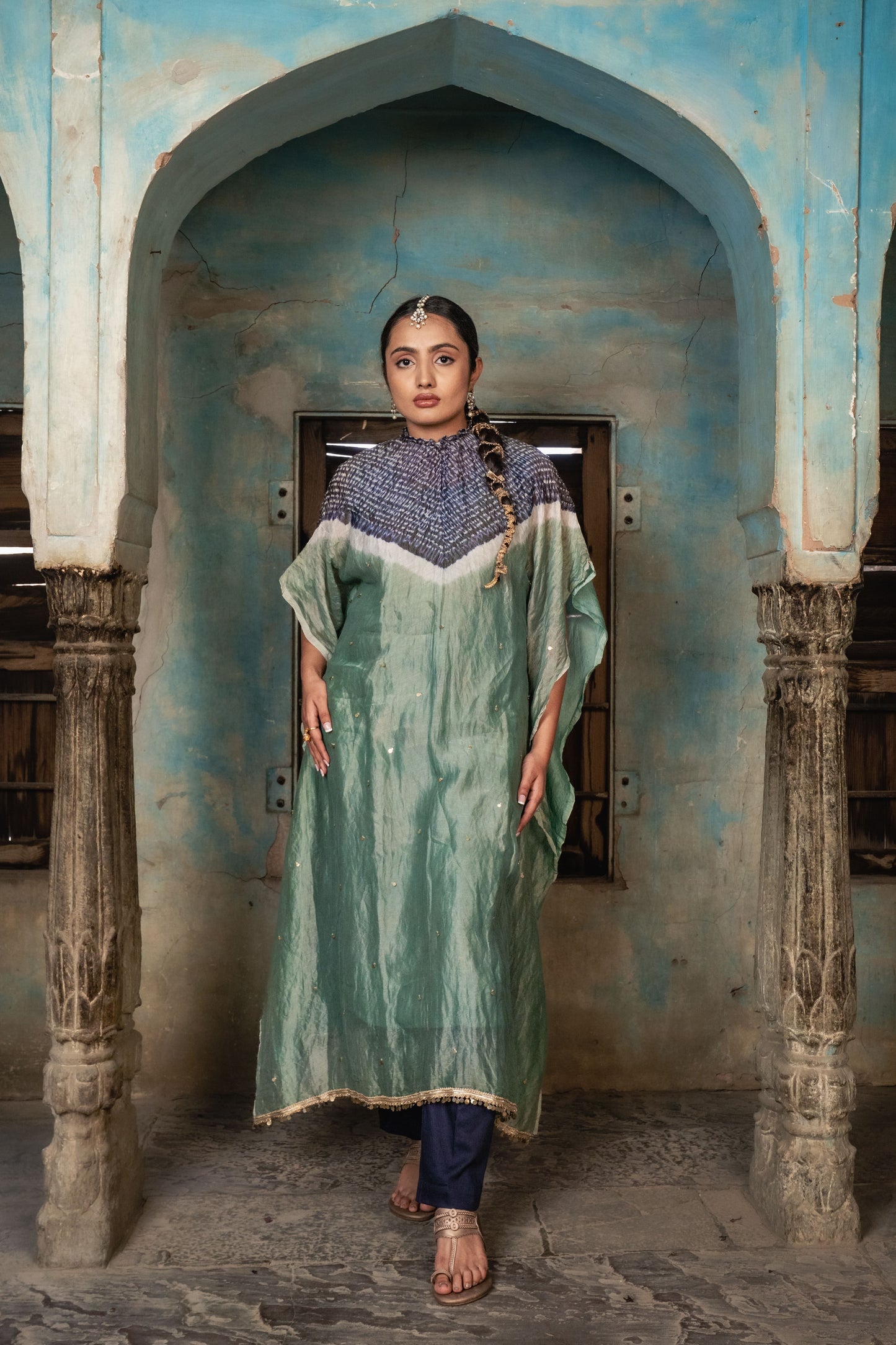 Sage Green Chanderi Tissue Kaftan
