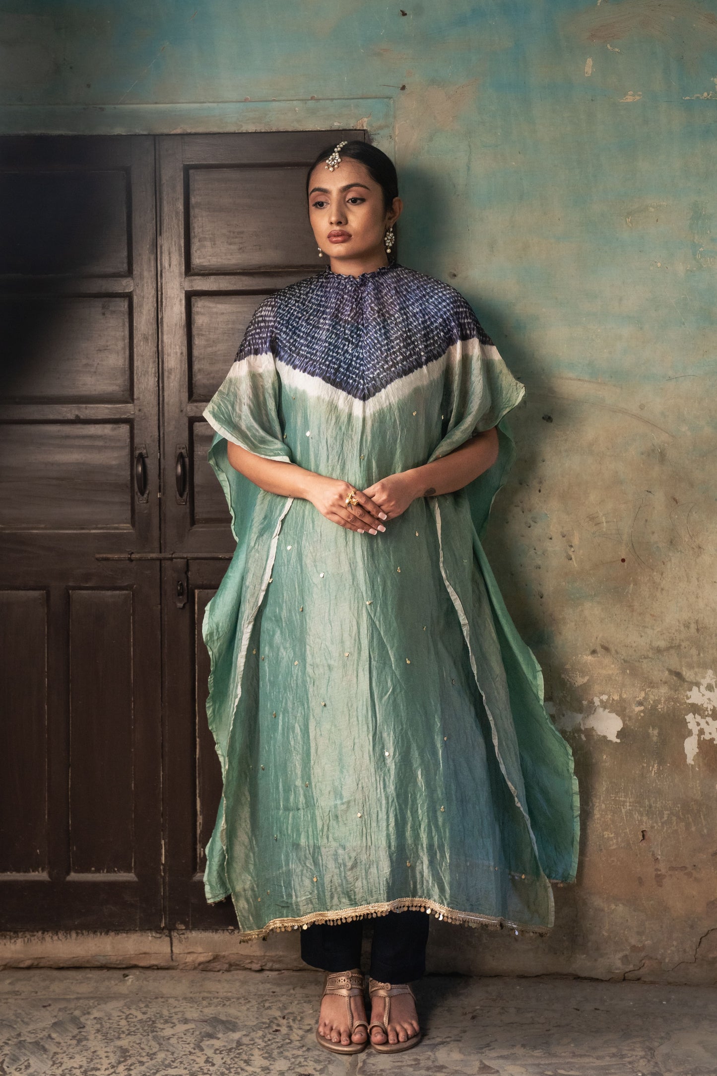 Sage Green Chanderi Tissue Kaftan