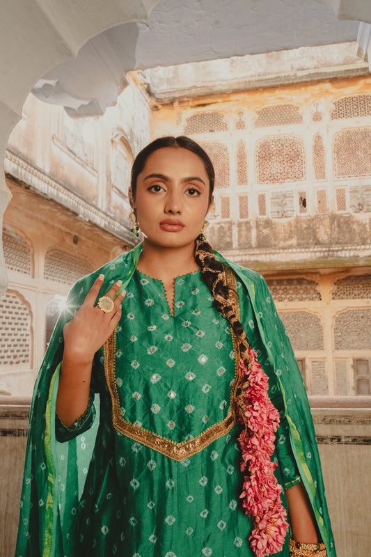 Chanderi bandhej keri green dupatta