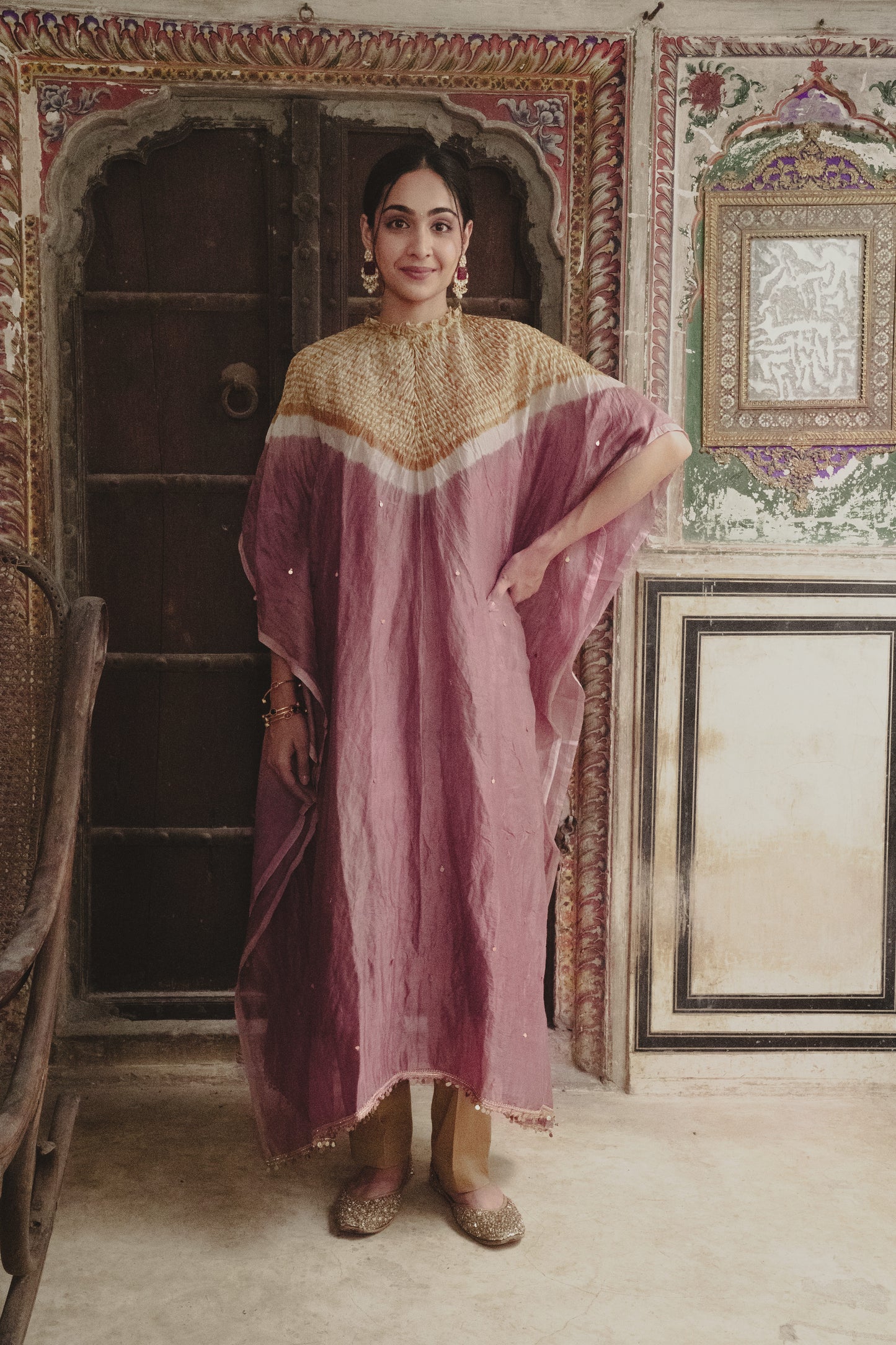 Mauve-YELLOW  Chanderi Tissue Kaftan