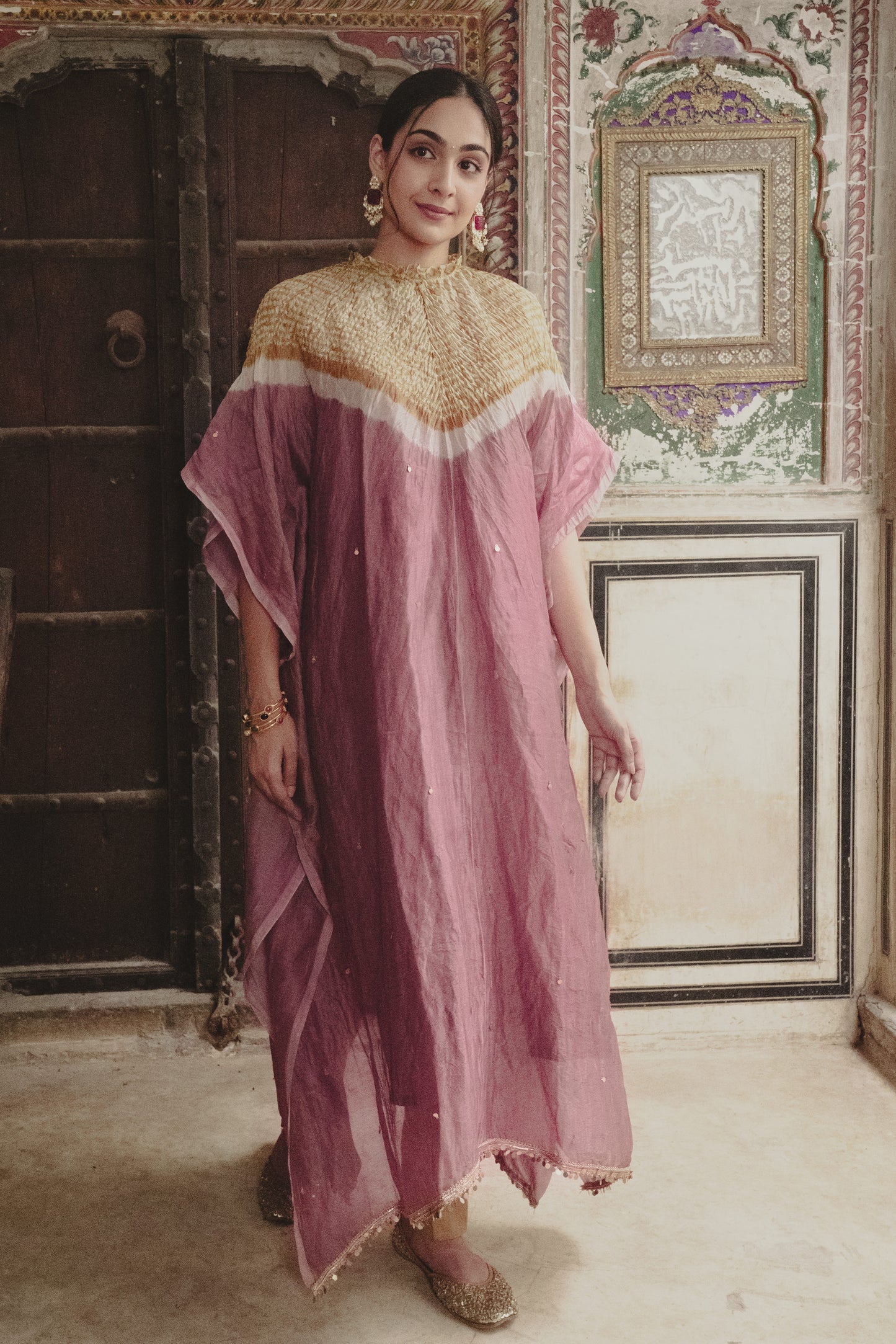 Mauve-YELLOW  Chanderi Tissue Kaftan