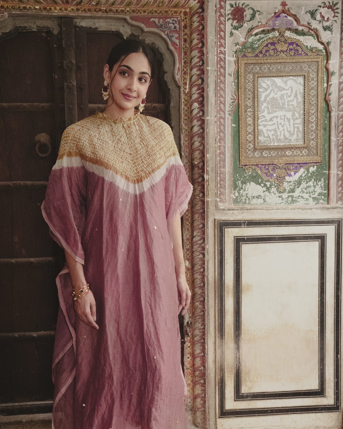 Mauve-YELLOW  Chanderi Tissue Kaftan