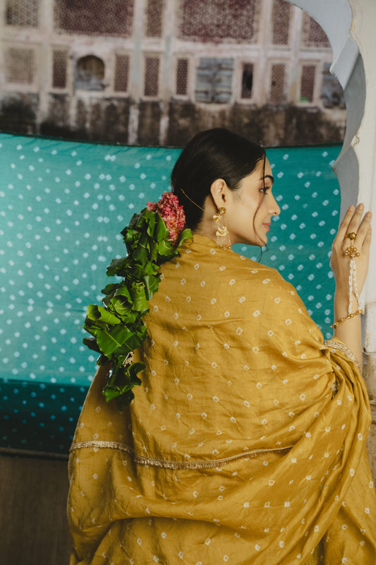 Chanderi bandhej Mustard yellow dupatta