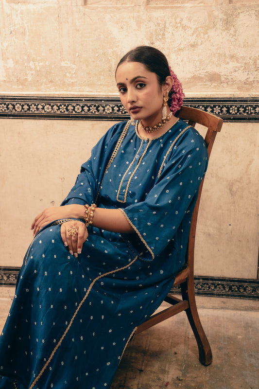 PEACOCK BLUE BANDHEJ KURTA SET IN UPADA SILK