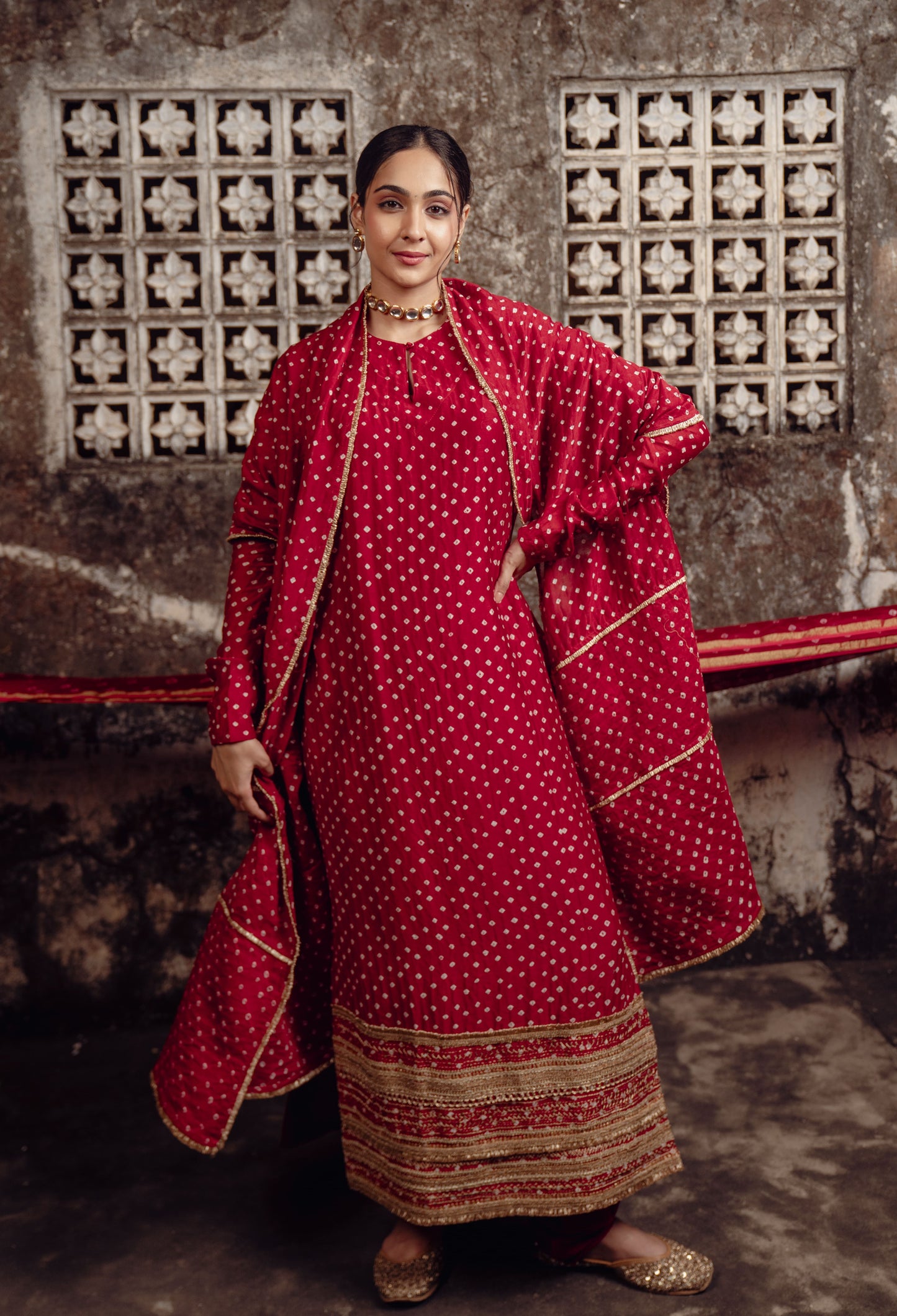 Red Chanderi Bandhej Kurta Set