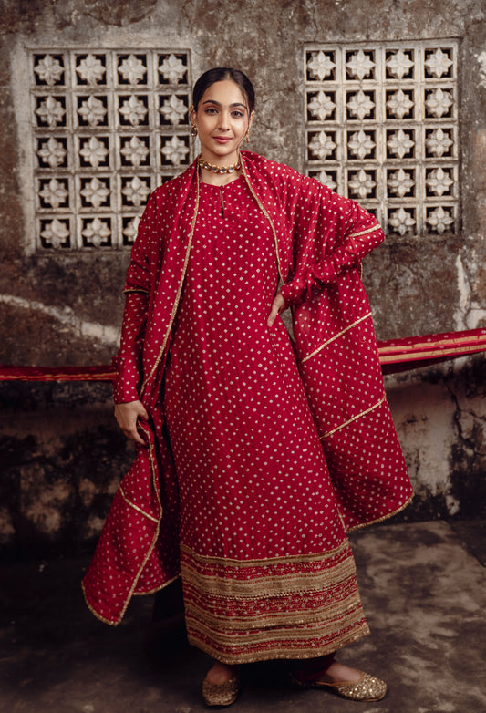 Red Chanderi Bandhej Kurta Set