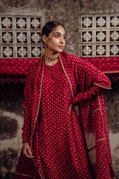 Red Chanderi Bandhej Kurta Set
