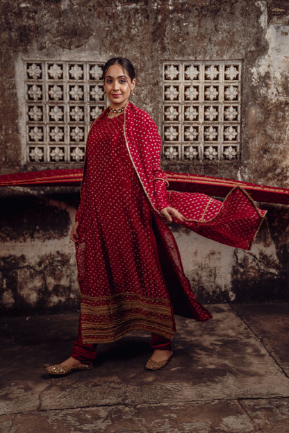 Red Chanderi Bandhej Kurta Set
