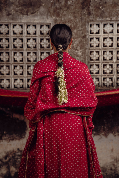 Red Chanderi Bandhej Kurta Set