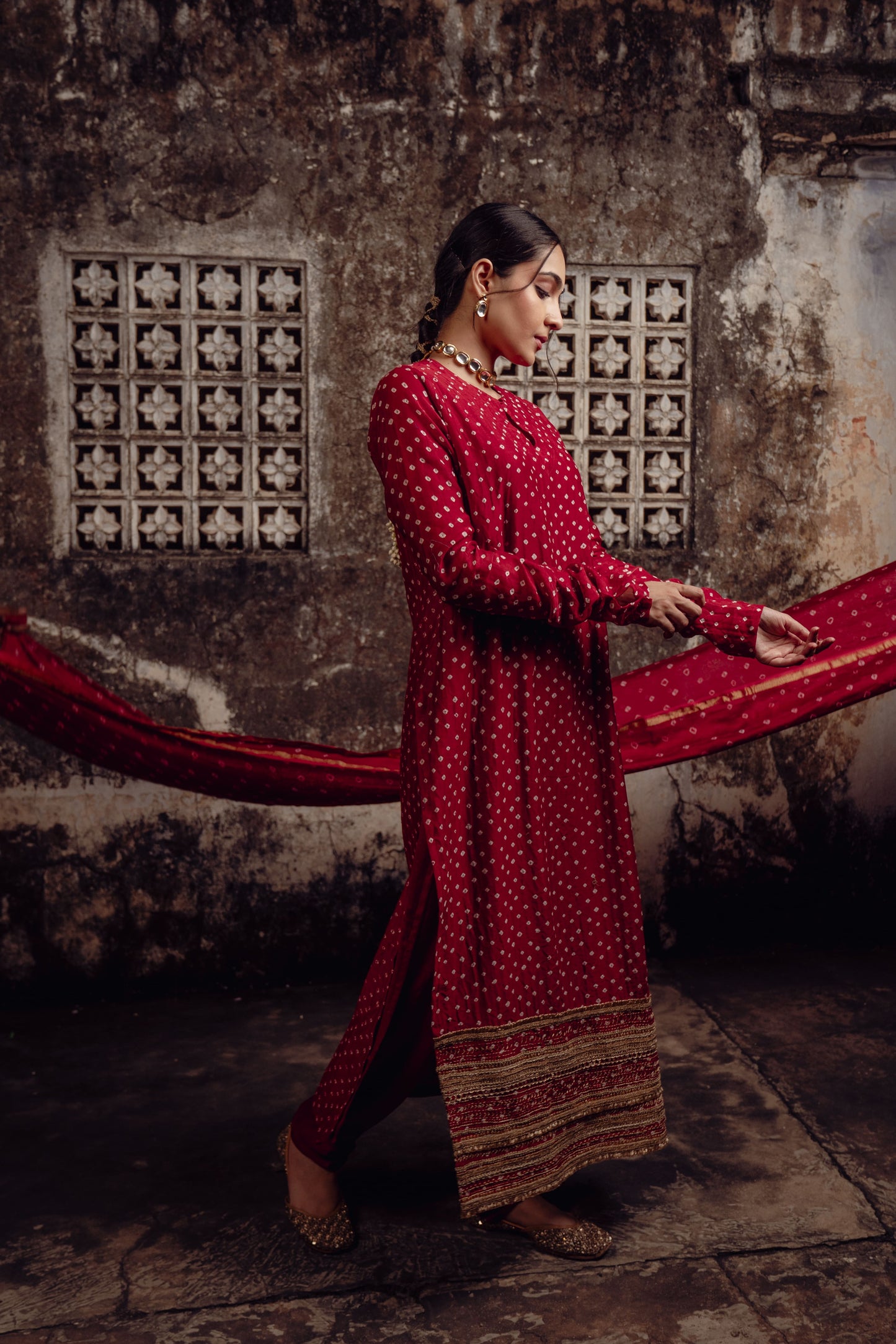 Red Chanderi Bandhej Kurta Set