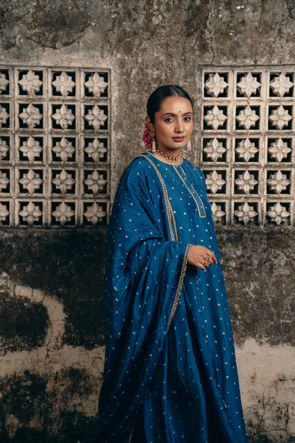 PEACOCK BLUE BANDHEJ KURTA SET IN UPADA SILK