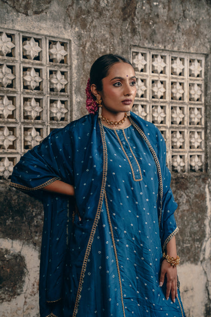 PEACOCK BLUE BANDHEJ KURTA SET IN UPADA SILK
