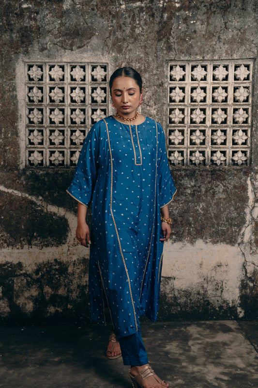 PEACOCK BLUE BANDHEJ KURTA SET IN UPADA SILK