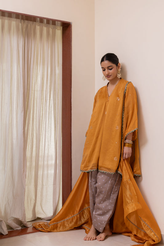 YELLOW-GREY  CHANDERI MUKAISH  KURTA SET