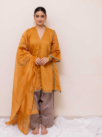 YELLOW-GREY  CHANDERI MUKAISH  KURTA SET