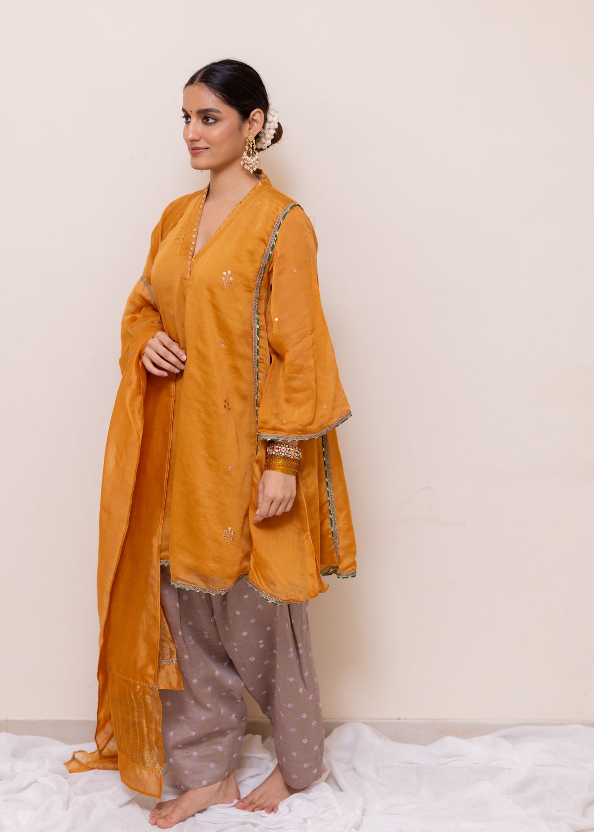 YELLOW-GREY  CHANDERI MUKAISH  KURTA SET