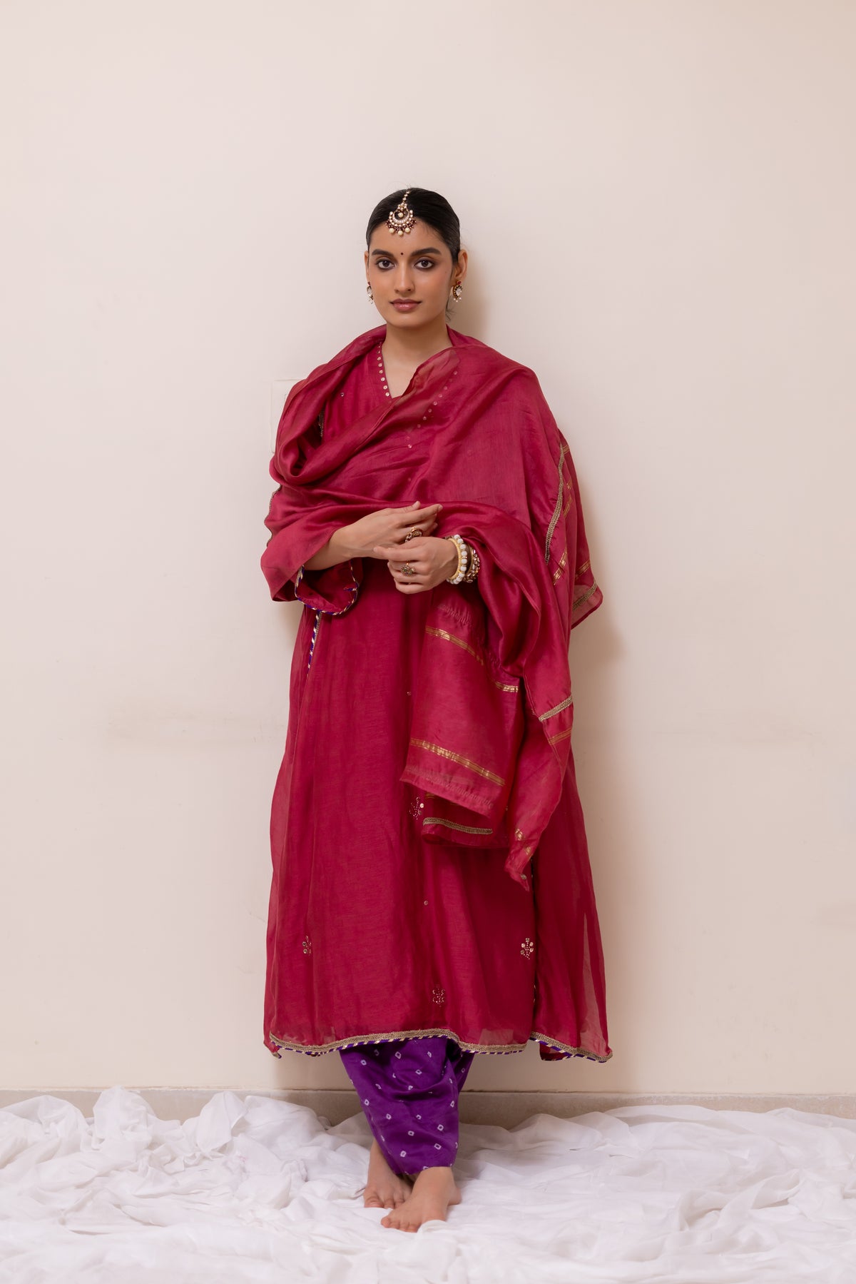 RED-PURPLE CHANDERI  MUKAISH KURTA SET