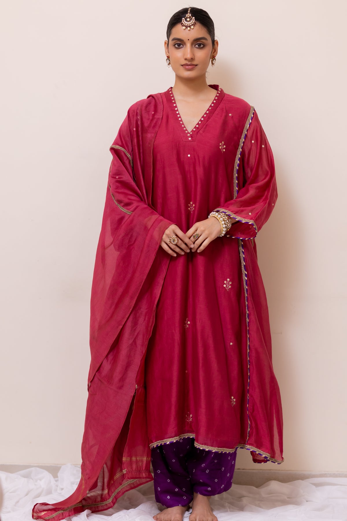 RED-PURPLE CHANDERI  MUKAISH KURTA SET