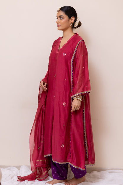 RED-PURPLE CHANDERI  MUKAISH KURTA SET