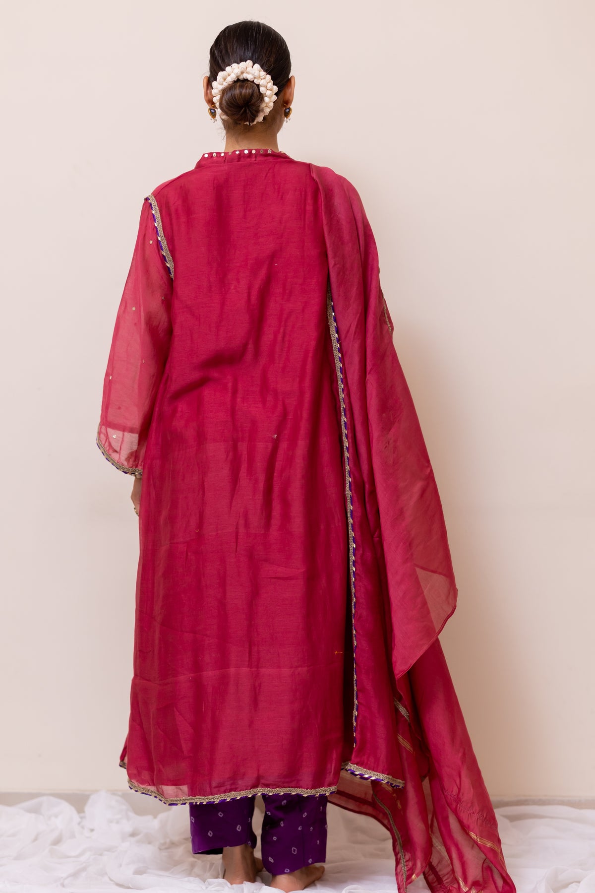 RED-PURPLE CHANDERI  MUKAISH KURTA SET