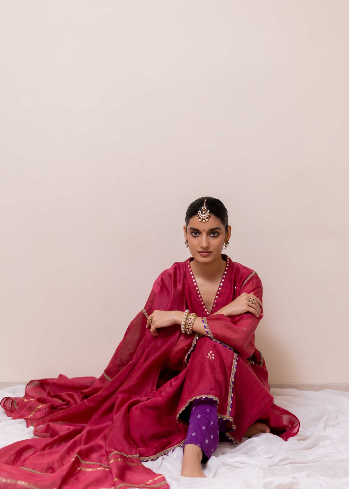 RED-PURPLE CHANDERI  MUKAISH KURTA SET
