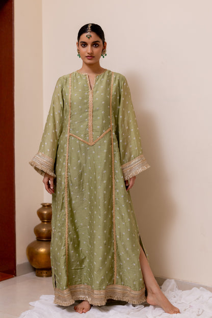 LIGHT GREEN BANDHEJ  LONG KAFTAN KURTA