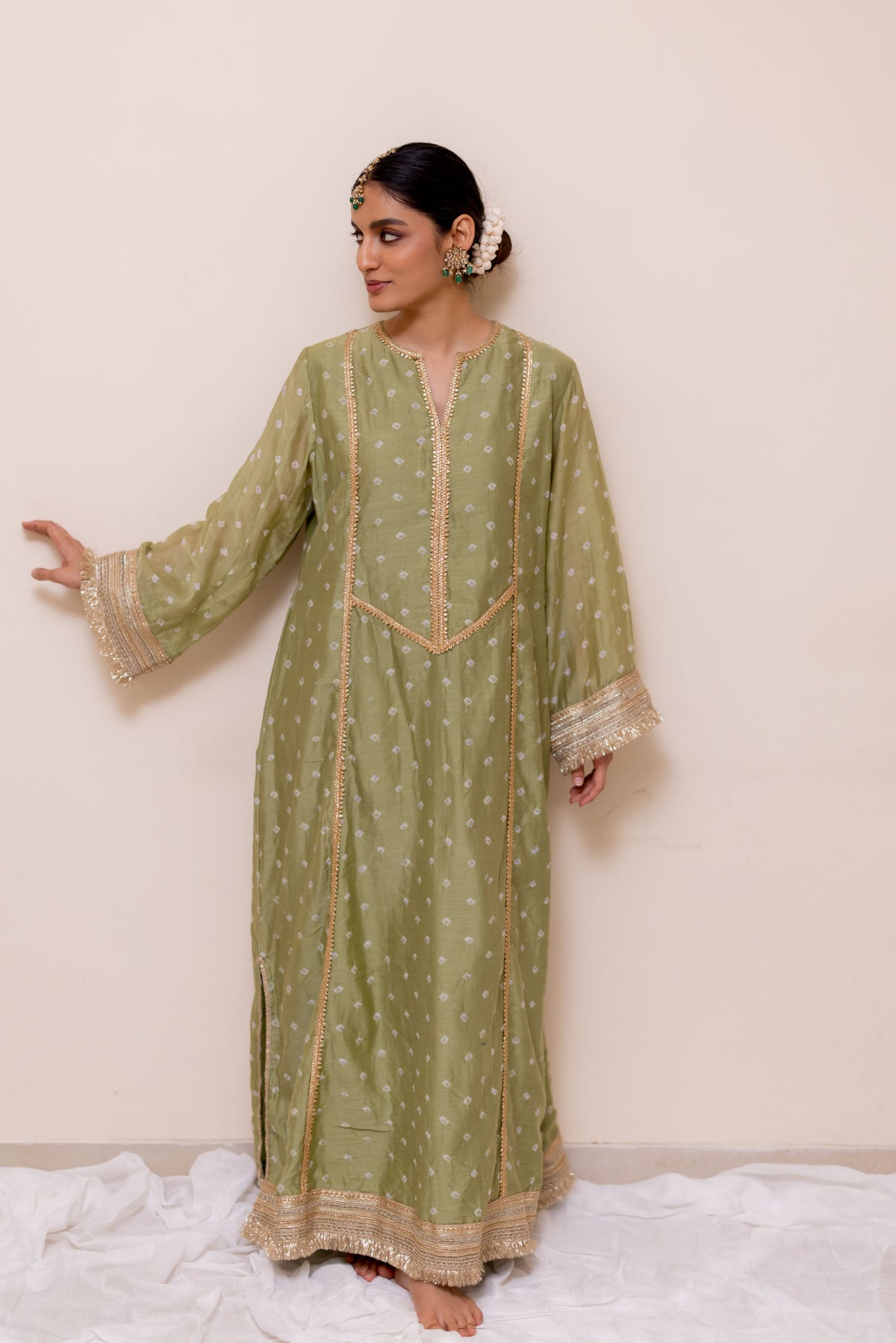LIGHT GREEN BANDHEJ  LONG KAFTAN KURTA