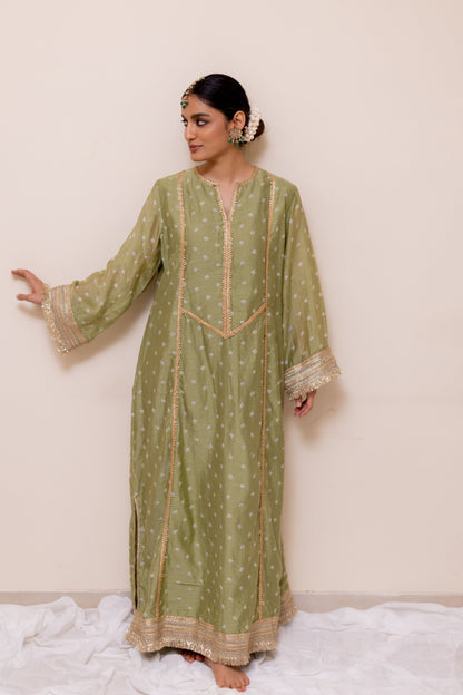 LIGHT GREEN BANDHEJ  LONG KAFTAN KURTA