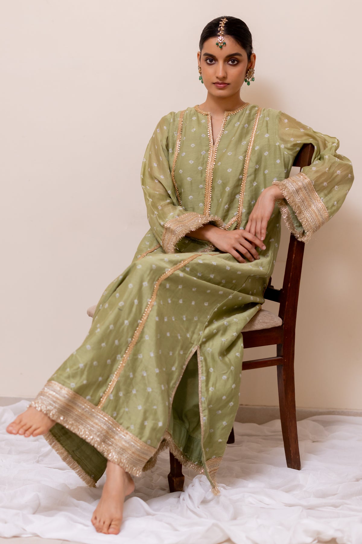 LIGHT GREEN BANDHEJ  LONG KAFTAN KURTA
