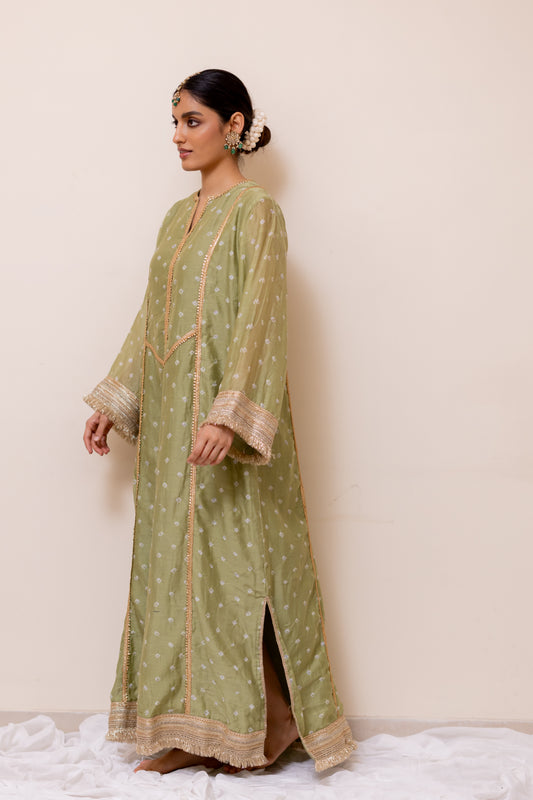 LIGHT GREEN BANDHEJ  LONG KAFTAN KURTA