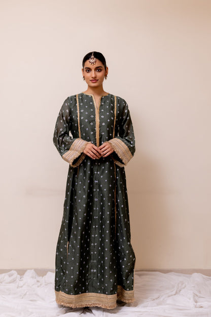 DARK GREEN BANDHEJ  LONG KAFTAN KURTA