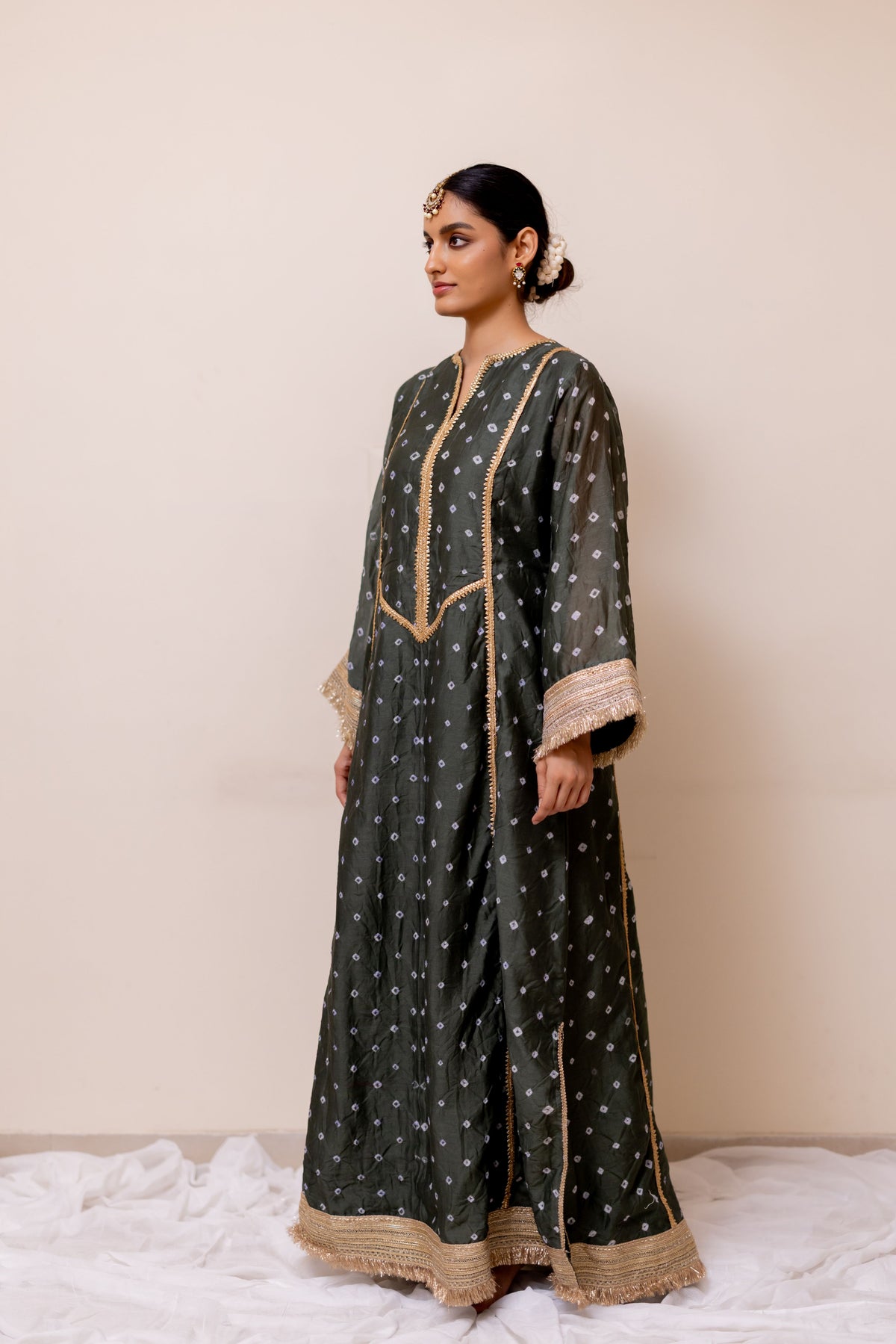 DARK GREEN BANDHEJ  LONG KAFTAN KURTA