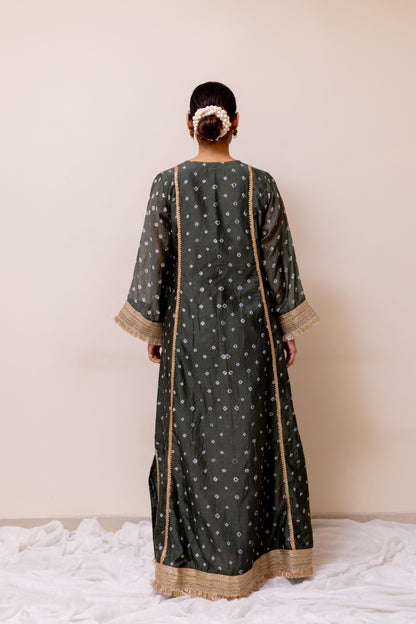 DARK GREEN BANDHEJ  LONG KAFTAN KURTA
