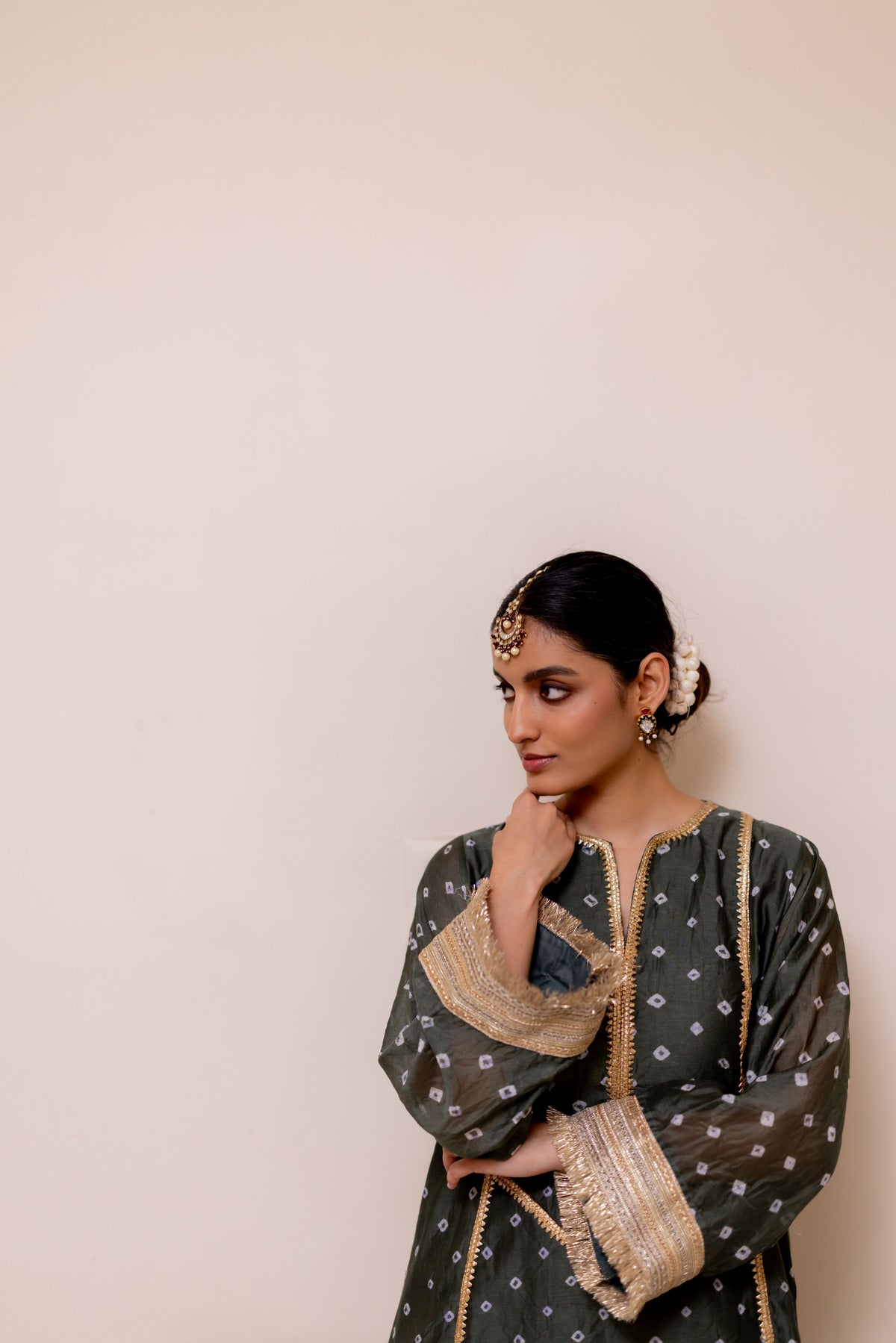 DARK GREEN BANDHEJ  LONG KAFTAN KURTA