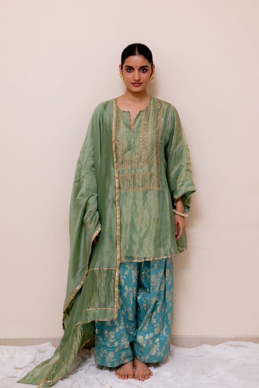 TISSUE GREEN KURTA  WITH FIROZI  BANARASI SALWAR
