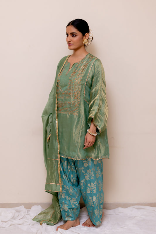 TISSUE GREEN KURTA  WITH FIROZI  BANARASI SALWAR