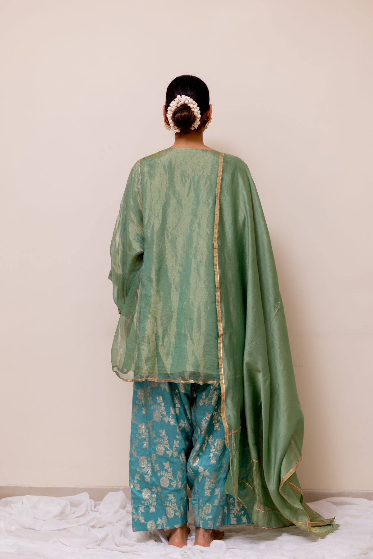 TISSUE GREEN KURTA  WITH FIROZI  BANARASI SALWAR