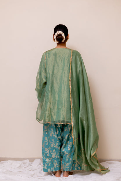 TISSUE GREEN KURTA  WITH FIROZI  BANARASI SALWAR